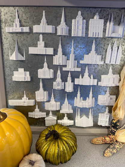 multiple temple magnets on a tin board
